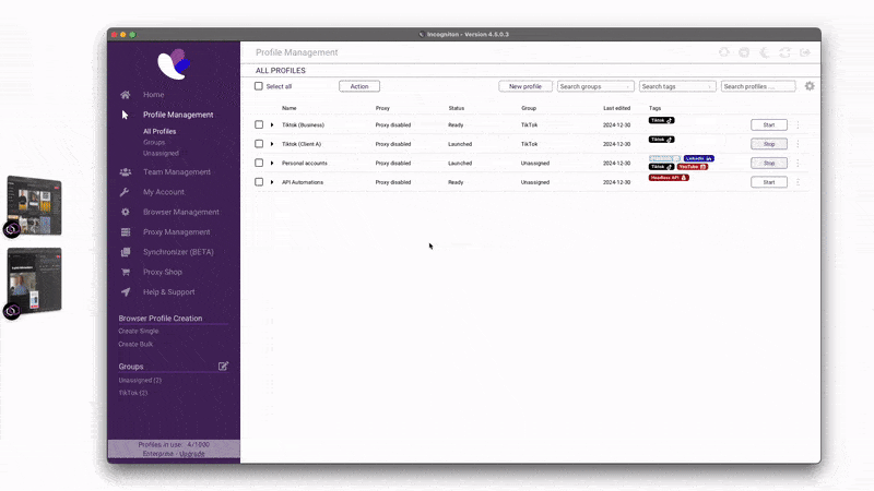 An Incogniton interface displays a profile management screen with a list of user profiles. The sidebar on the left features various options, and the main section shows profile details in a table format. The cursor moves across the screen.